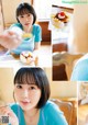 A collage of photos of a woman eating a bowl of food.